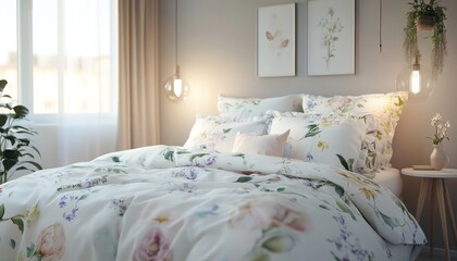 Bedroom with soft watercolor floral accents on bedding and romantic lighting