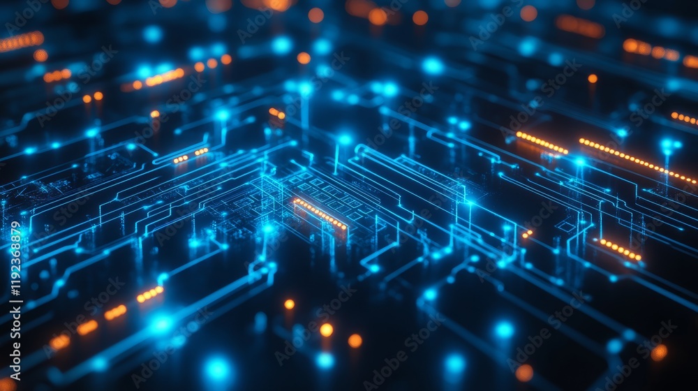Poster abstract digital brain with connected circuit lines, glowing in blue, representing ai's integration 