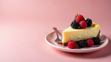 A creamy cheesecake slice, adorned with a delightful medley of ripe raspberries and blackberries, rests elegantly on a pale pink plate, creating a visually appealing dessert presentation.