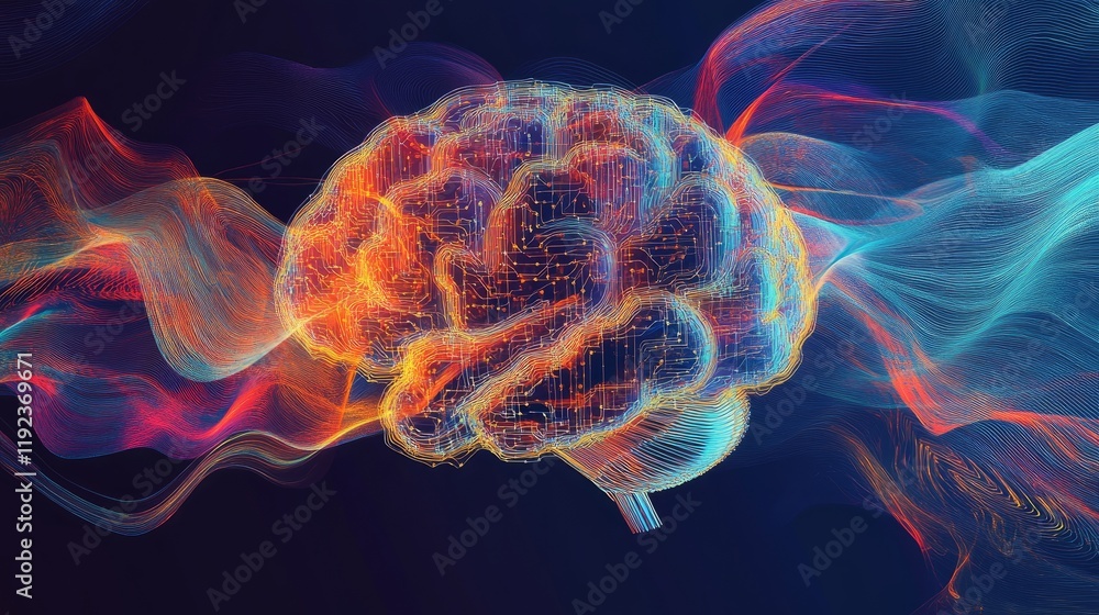 Poster an abstract digital brain made of circuits, symbolizing ai-powered cybersecurity defenses, with a dy