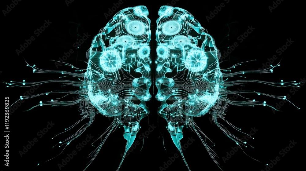 Poster artistic digital brain with circuit lines, glowing in cool tones, symbolizing the integration of ai 