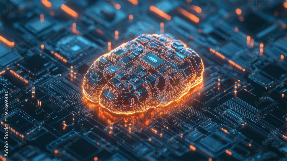 Poster artistic digital brain with circuit lines, glowing in cool tones, symbolizing the integration of ai 