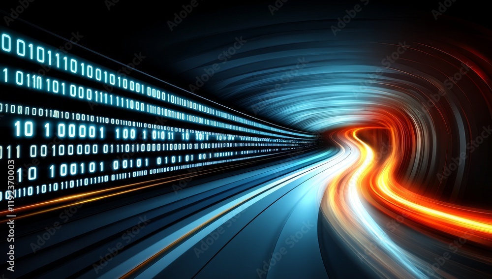 Poster digital data stream with glowing particles and colorful light effects on dark blue background