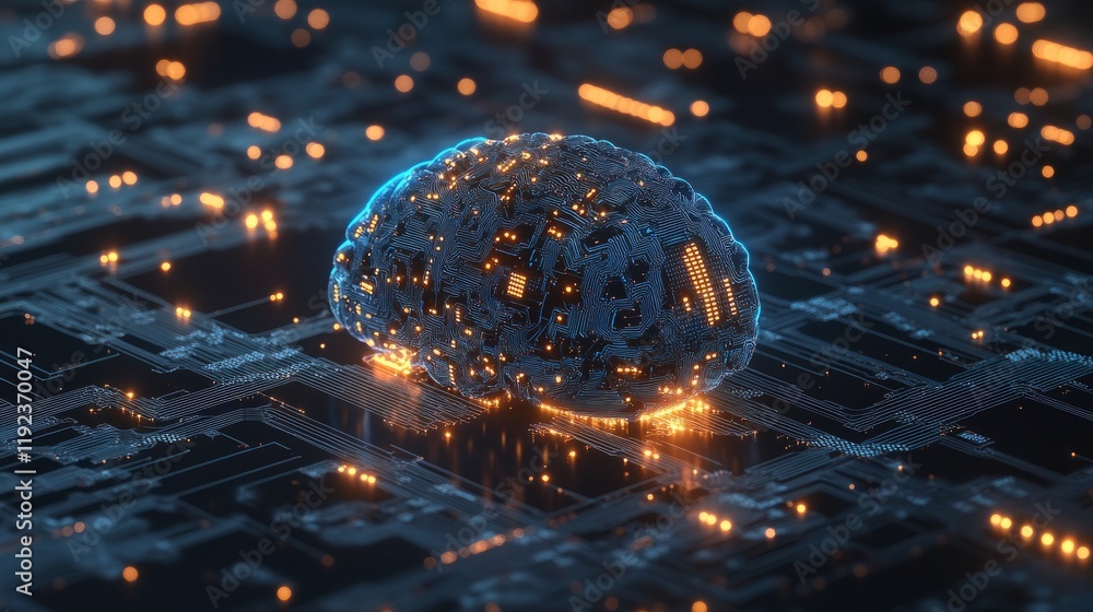 Poster blue-toned digital brain with circuit pathways, representing ai in cybersecurity, highlighted by glo