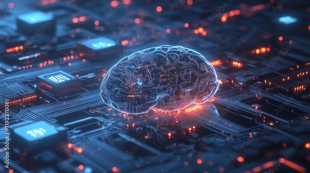 Poster blue-toned digital brain with circuit pathways, representing ai in cybersecurity, highlighted by glo