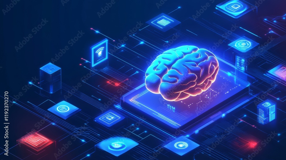 Poster blue-toned digital brain with circuit pathways, representing ai in cybersecurity, highlighted by glo
