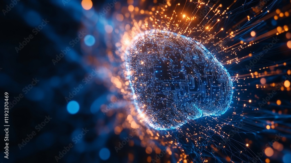 Poster close-up of a digital brain made of circuit patterns, symbolizing ai-powered cybersecurity, surround