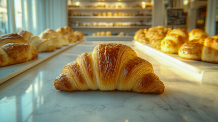 Freshly baked croissant on display in a modern bakery showcasing a variety of pastries amidst natural light in a stylish interior setting