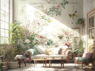 Cozy interior featuring a watercolor-inspired floral theme with romantic touches and soft neutral colors