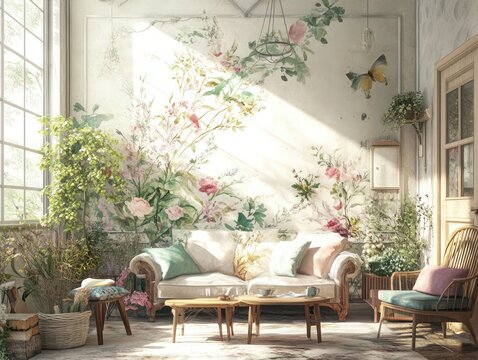 Cozy interior featuring a watercolor-inspired floral theme with romantic touches and soft neutral colors