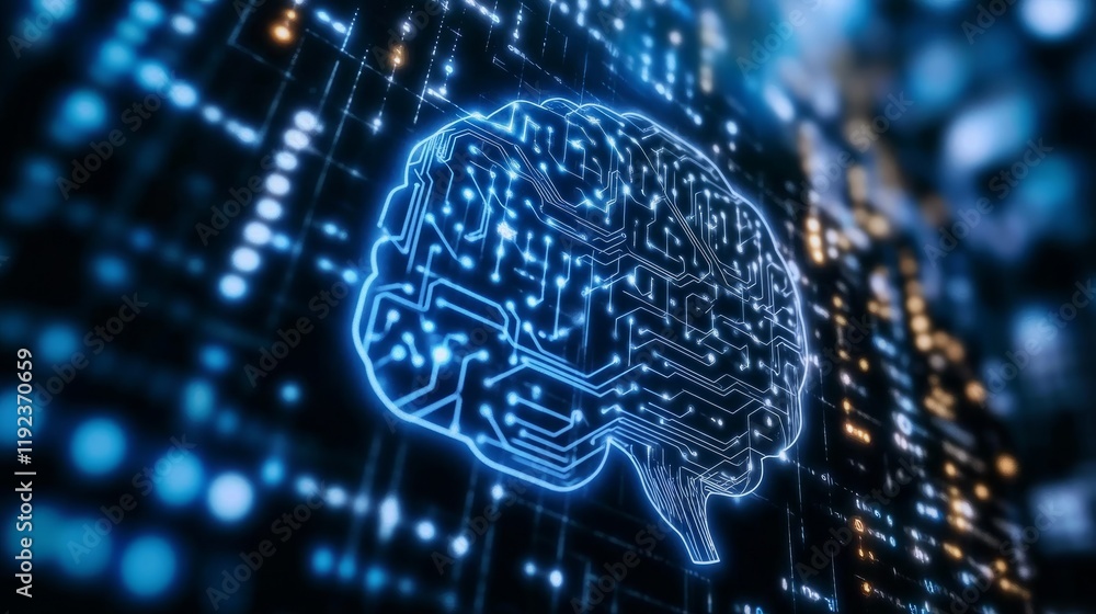Poster close-up of a digital brain made of circuit patterns, symbolizing ai-powered cybersecurity, surround