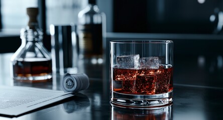 Whiskey glass with ice on table stylish bar beverage photography modern interior close-up legal drinking age concepts