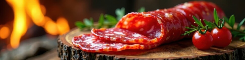 Obraz premium Smoked salami on wooden planks above crackling flames, culinary arts, fire, flames