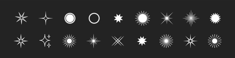 Retro star of different shapes flash silhouette set, Collection of twinkle particle stars and rays decorative symbols for design. Vector icons y2k style basic shapes geometric graphic elements.