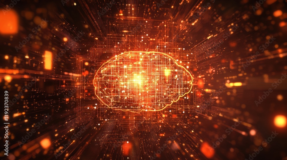 Poster close-up of a digital brain made of circuit patterns, symbolizing ai-powered cybersecurity, surround