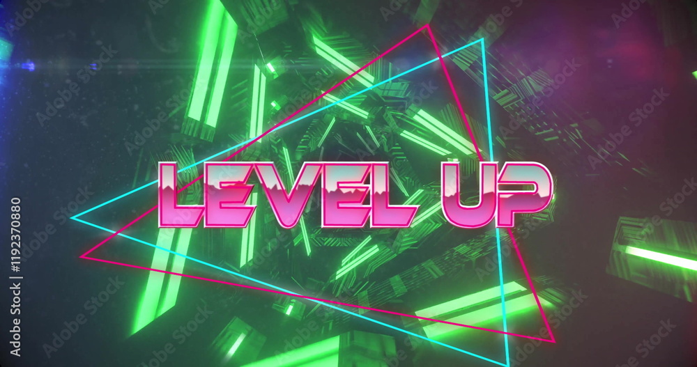 Poster image of level up text over neon pattern background