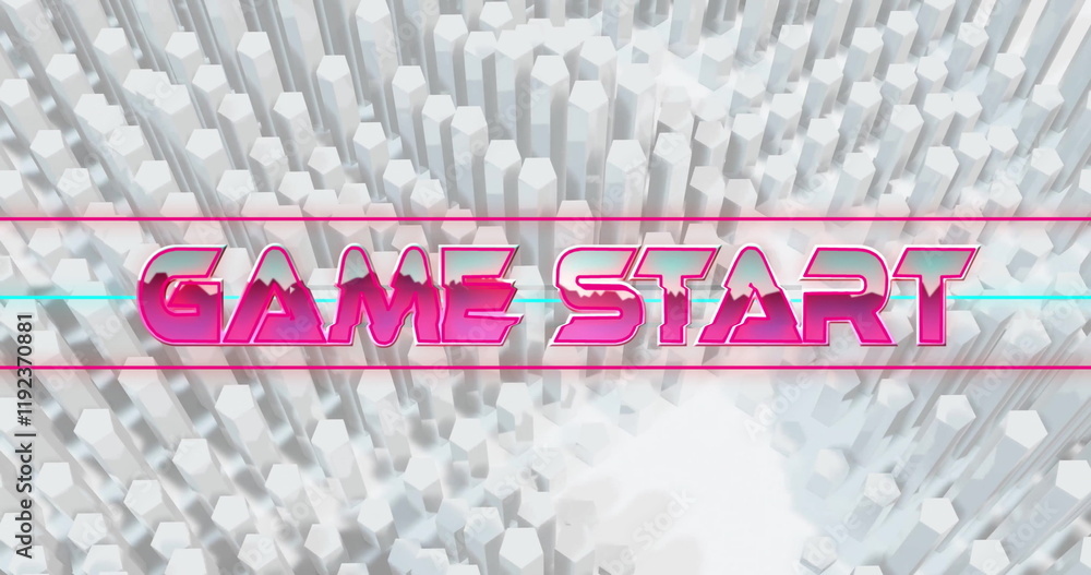 Poster image of game start text over neon lines and 3d white blocks background