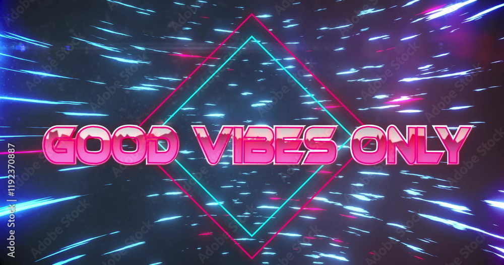Poster image of good vibes only text over neon pattern background