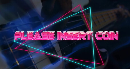 Image of please insert coin text over neon pattern background