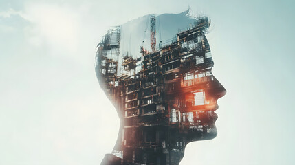 Future building construction engineering project devotion with double exposure graphic design. Building engineer, architect people or construction worker working with modern civil teamwork