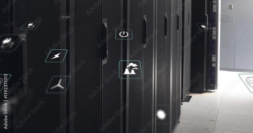Poster image of eco icons and digital data processing over computer servers