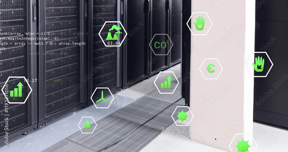 Poster image of eco icons and digital data processing over computer servers