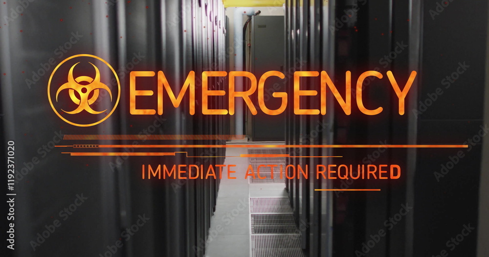 Poster image of emergency text and digital data processing over computer servers