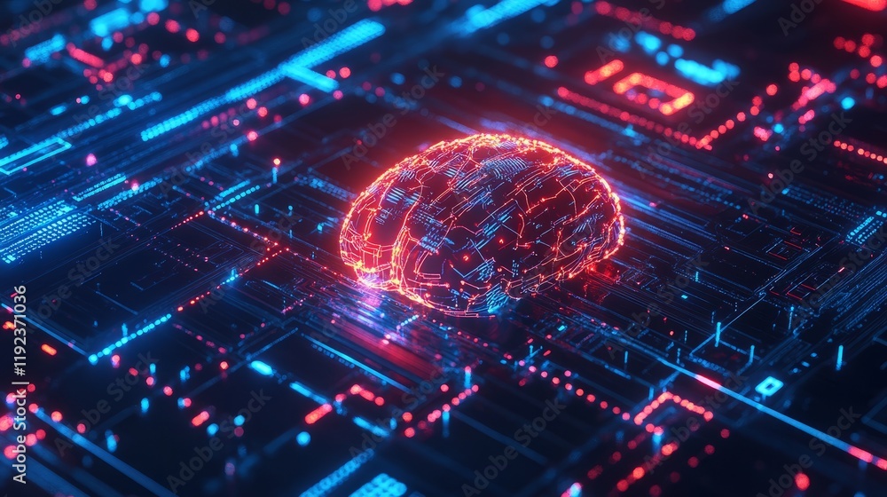 Poster conceptual image of a digital brain with circuit lines, representing ai's critical role in cybersecu