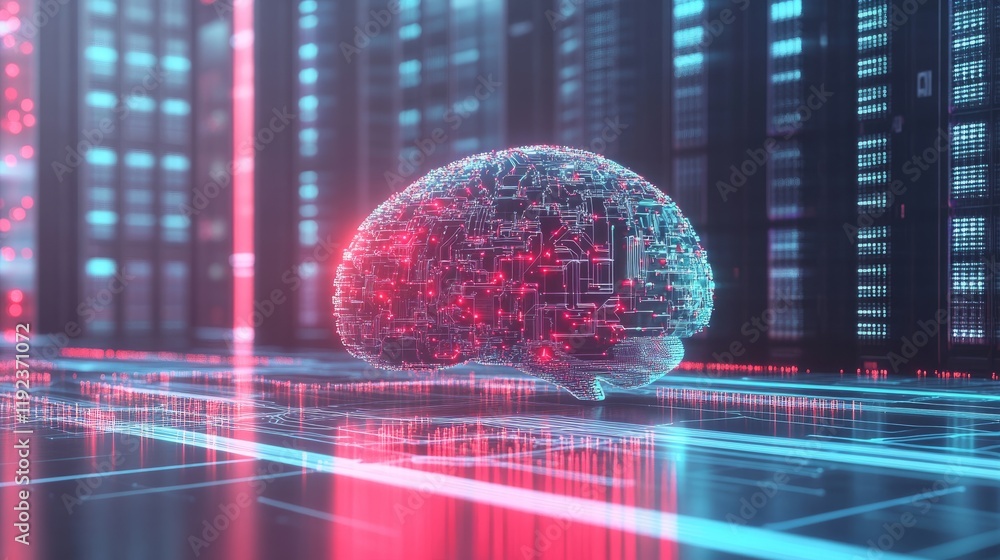 Poster conceptual image of a digital brain with circuit lines, representing ai's critical role in cybersecu