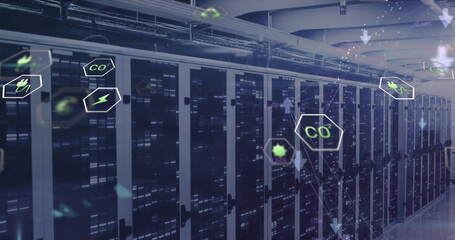 Image of eco icons and digital data processing over computer servers