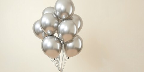 Fototapeta premium A collection of classic sphere balloons in shiny chrome finish is arranged beautifully against a soft buttercream background, creating an elegant display perfect for celebrations or events