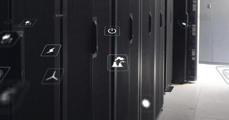 Image of eco icons and digital data processing over computer servers