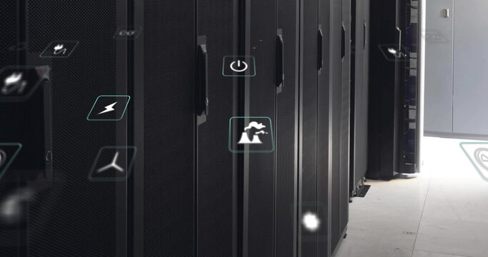 Image of eco icons and digital data processing over computer servers