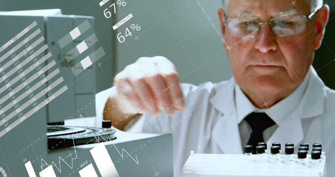Image of financial data processing over caucasian male scientist working in lab - Powered by Adobe