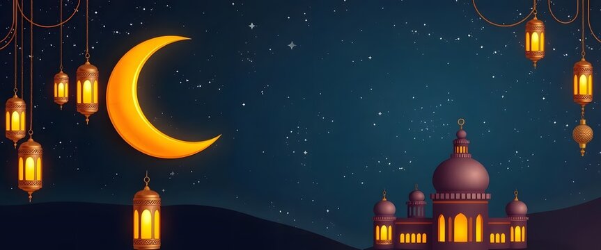 3D Islamic-themed background with a golden crescent moon and lanterns on a starry night.