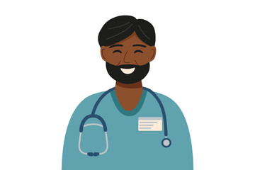 Fototapeta premium Portrait of male doctor isolated on white background. Concept of medicine, healthcare, clinic, assistance. Vector hand drawn illustration.
