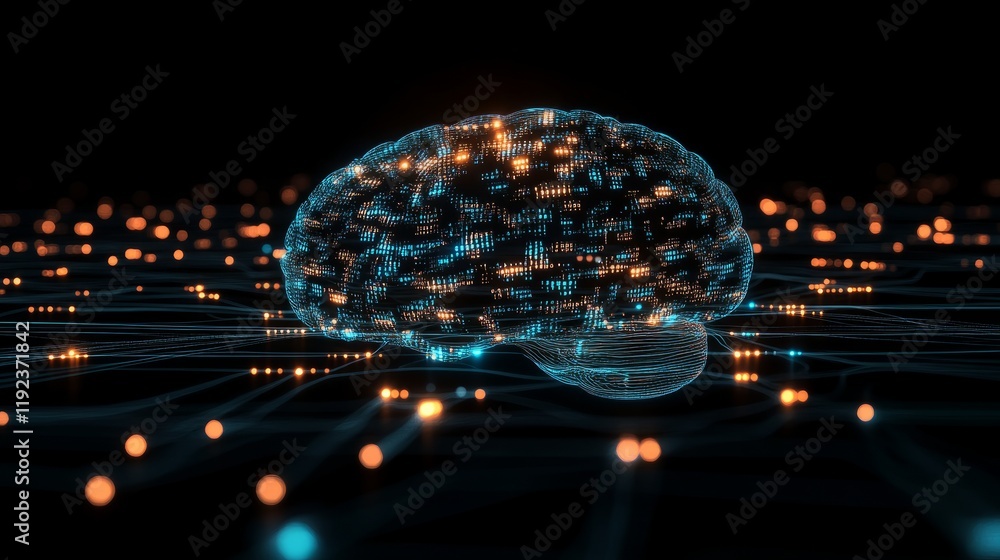 Poster cybersecurity-themed image of a digital brain with circuit lines, illustrating ai technology, with a