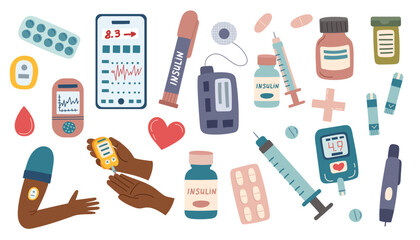 Concept of diabetes, medicine and healthcare. Medical equipment set for measuring sugar level and insulin injections. Insulin pumps, glucometer, phone, insulin, syringe, pills and human hands.