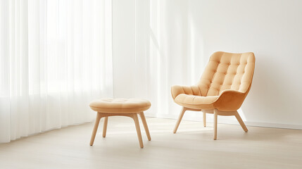Modern armchair and ottoman in bright room with natural light. soft, light orange upholstery and wooden legs create cozy and inviting atmosphere