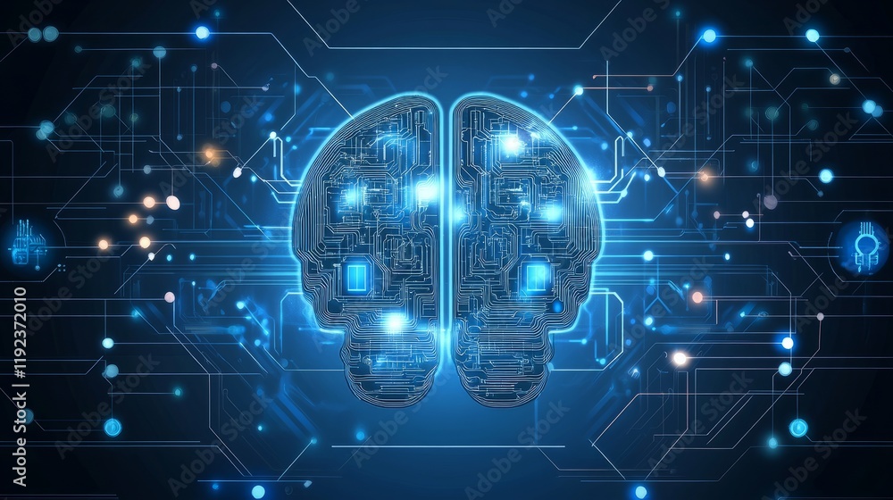 Poster digital brain with detailed circuitry, symbolizing ai-powered cybersecurity, set against a dark, tec