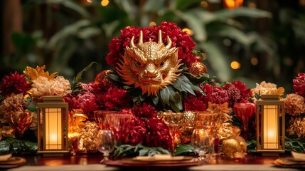 Fototapeta premium Golden Dragon Mask Centerpiece with Red and Gold Flowers