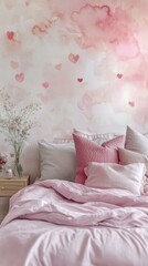 Cozy Valentine bedroom with muted pastel hues and a romantic watercolor wall design