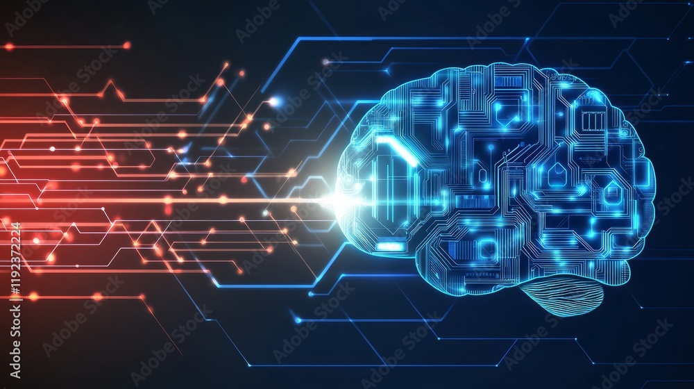 Poster digital brain with detailed circuitry, symbolizing ai-powered cybersecurity, set against a dark, tec
