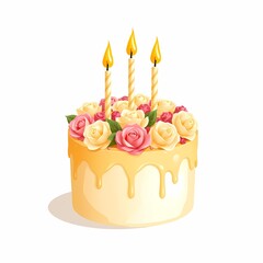 yellow birthday cake with candles isolated on white background