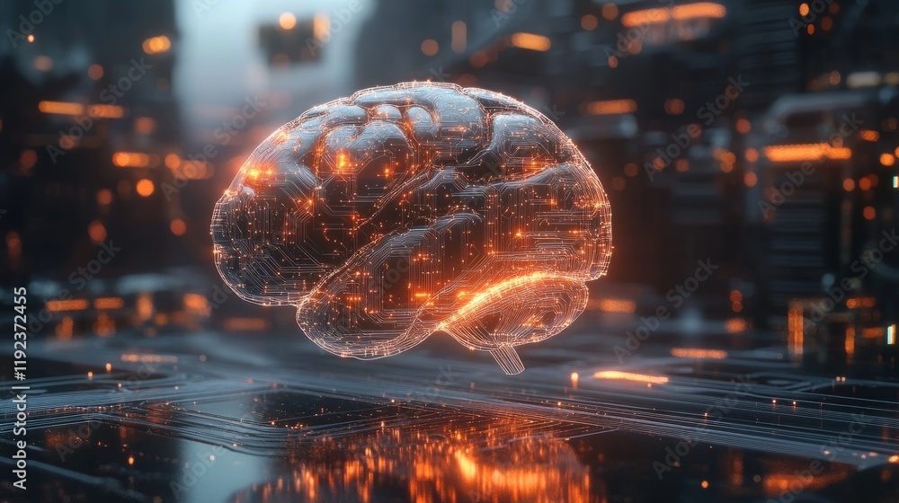 Poster digital brain with interwoven circuit lines, representing artificial intelligence in cybersecurity, 