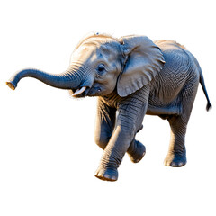 Obraz premium Adorable baby elephant joyfully jumping in mid air showcasing playfulness and charm on a pure white background