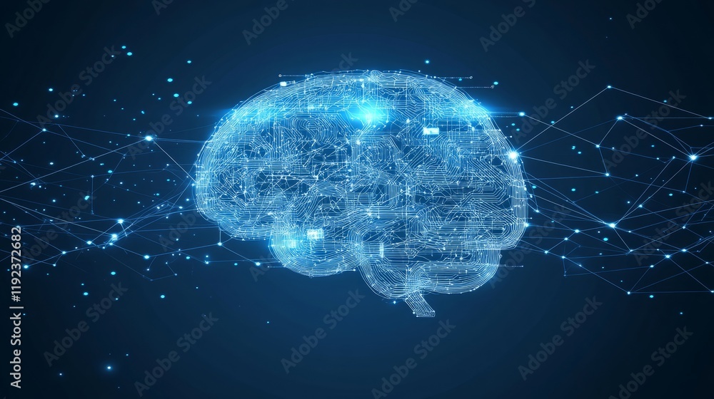 Poster futuristic digital brain with connected circuit lines representing ai, set against a backdrop of dat