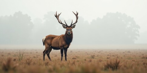 Obraz premium Majestic Stag Stands in Misty Meadow, Serene and Dignified, a Symbol of Wild Beauty and Untamed Nature