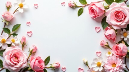 Delicate Pink Roses and Daisies Frame a White Background with Small Hearts