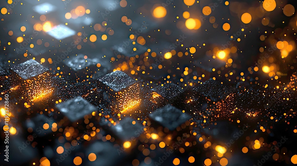 Poster luminous cubes: abstract digital art with glowing particles and bokeh lights. a mesmerizing blend of